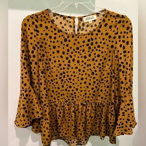 Listicle Animal Print Tan and Black Peplum Blouse w/ Ruffled Bell Sleeve Size L
